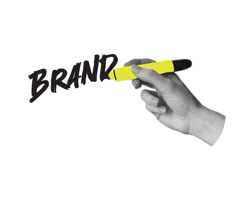 Illustration of a hand writing the word brand