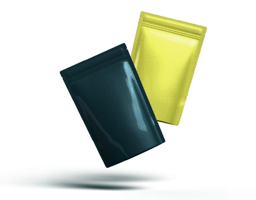 Two stand-up pouches in navy and lemon, an example of packaging design work