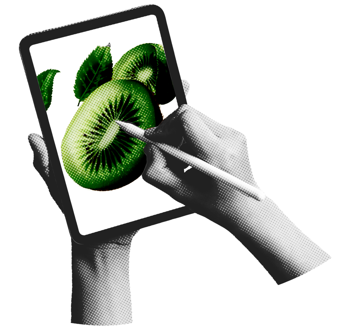 Illustration of a hand drawing a product on a tablet