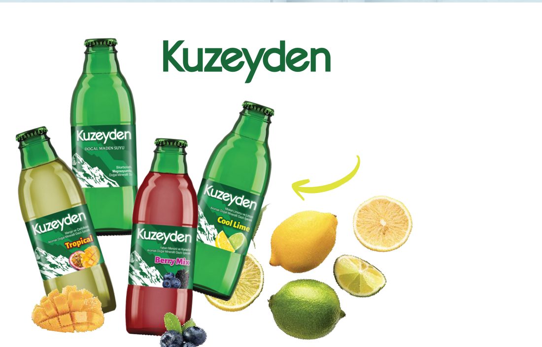 Kuzeyden flavoured spring water range with tropical, berry mix and cool lime bottles